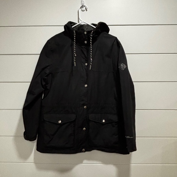 Women's Eddie Bauer WeatherEdge hooded black jacket cinch waist size XL - Picture 1 of 16